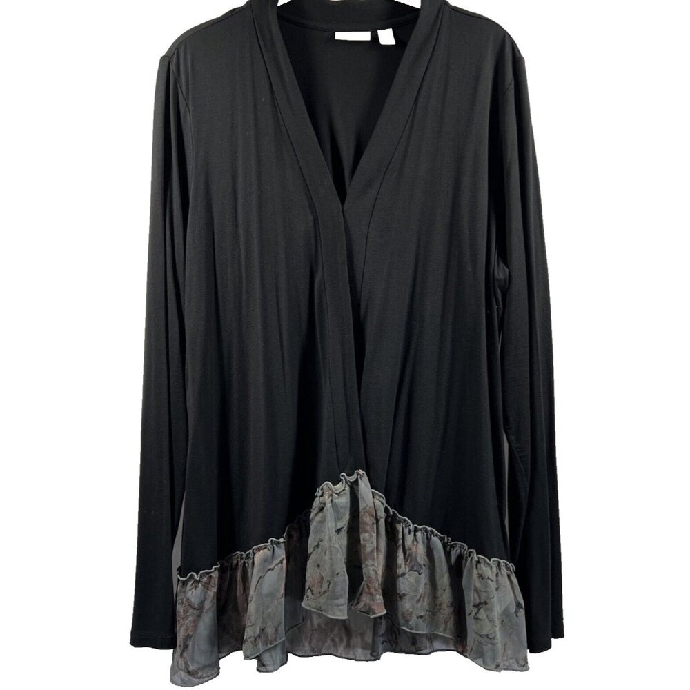LOGO Lori Goldstein Womens Jacket Large Sheer Floral Ruffle Solid Black L/S Boho - Picture 2 of 9